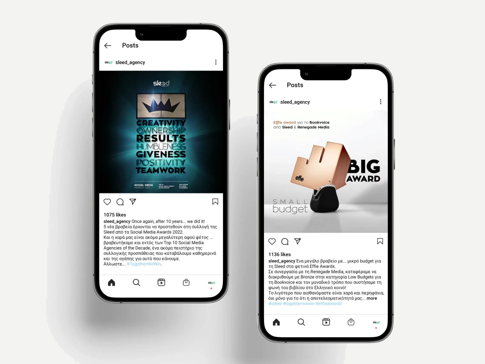 Two phones with Sleed posts: a crown for effectiveness and a tiny wallet squeezing in a big award